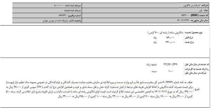 ماکارونی رسما ۱۷۹ درصد گران شد! + اطلاعیه زر ماکارون